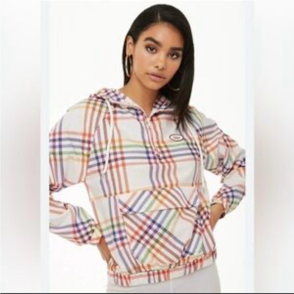 Forever 21 Tokyo Rainbow Plaid Windbreaker Track Jacket with Hood Small Skater - Picture 1 of 11